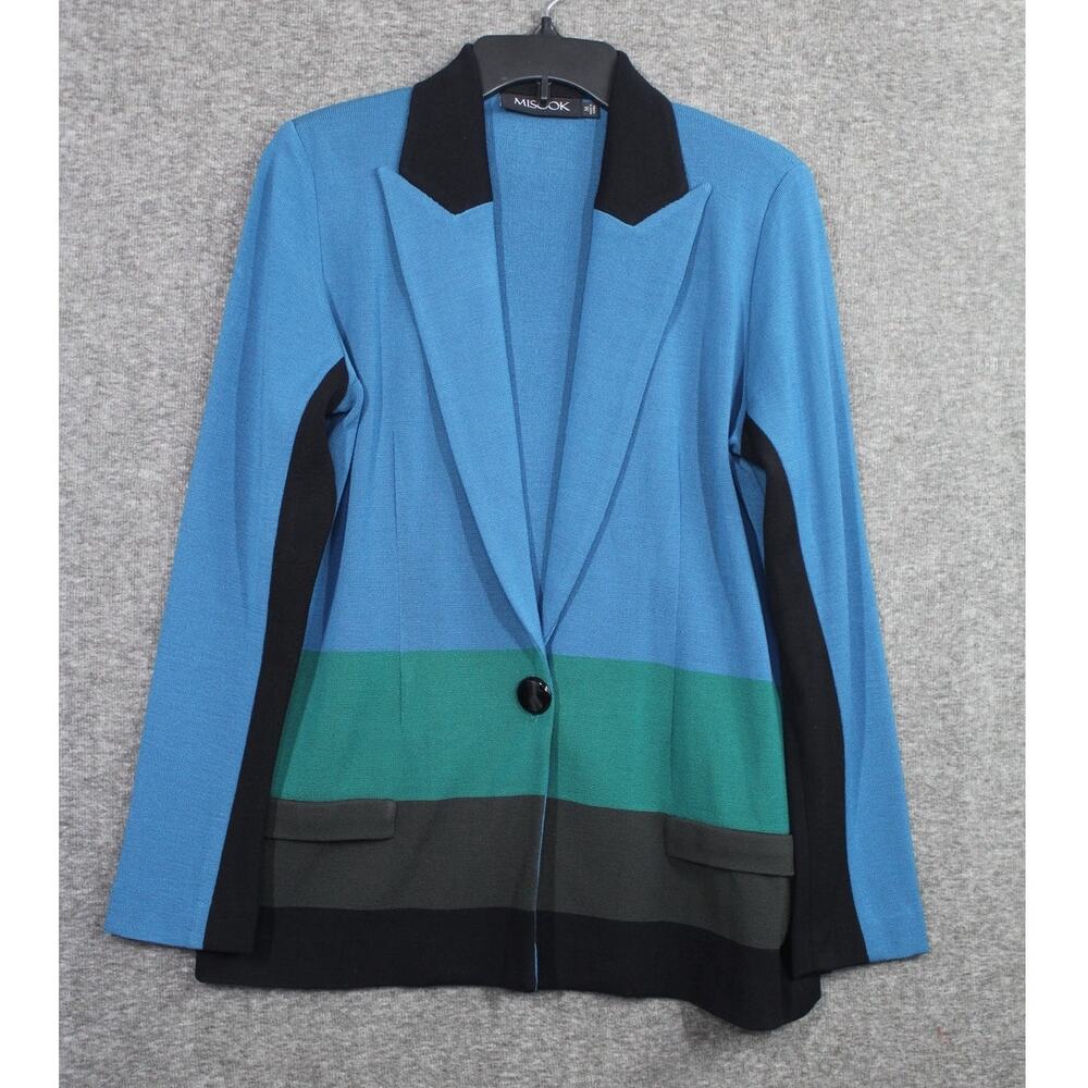 Misook Medium Janice Multi-Color Blue Green Black Colorblock Knit Jacket